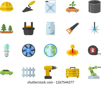 Color flat icon set trowel flat vector, drill screwdriver, saw, tape measure, tool bag, hard hat, ventilation, earth, forest, energy saving lamp, canister, eco cars, electric, laser, pipe production