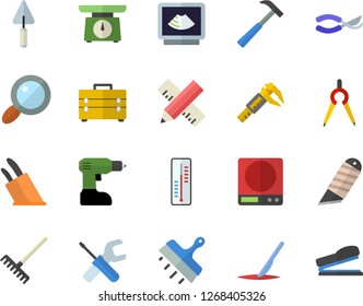Color flat icon set trowel flat vector, tool, drill screwdriver, bag, measure, putty knife, stationery, hammer, weighing machine, knives, thermometer, secateurs, rake, trammel, dividers, magnifier