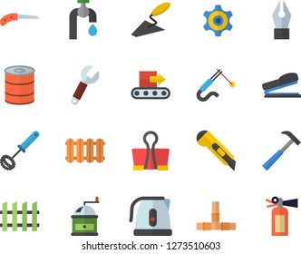 Color flat icon set trowel flat vector, pipes, fence, stationery knife, heating batteries, hammer, electric kettle, whisk, coffee grinder, canned food, water tap, conveyor, welding, wrench, cogwheel