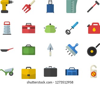 Color flat icon set trowel flat vector, wheelbarrow, drill screwdriver, tool bag, putty knife, ax, saucepan, frying pan, teflon, meashuring cup, whisk, grater, pitchfork, canister, case, sport