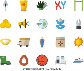 Color flat icon set trowel flat vector, spice, sausage, dish, seeds, gumboots, sun, gloves, express delivery, chromosomes, artificial insemination, ink pen, basketball, parallel bars, pills, yoga