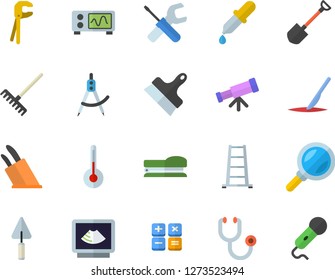 Color flat icon set trowel flat vector, tool, putty knife, knives, temperature, shovel, rake, ladder, dividers, magnifier, calculator, pipette, stethoscope, ultrasound, scalpel, stapler, telescope