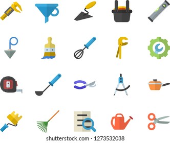 Color flat icon set trowel flat vector, tool, tape measure, paint roller, level meter, repair, construction plummet, saute, ladle, whisk, secateurs, brush, rake, watering can, trammel, dividers