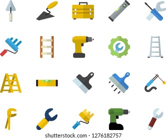 Color flat icon set trowel flat vector, tool, drill screwdriver, bag, ladder, paint roller, level meter, repair, putty knife, welding, wrench