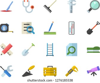 Color flat icon set trowel flat vector, tool, tape measure, bag, ladder, thermometer, shovel, rake, trammel, stethoscope, scalpel, magnifier, stapler, telescope