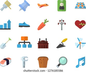 Color flat icon set trowel flat vector, flooring, bread, spaghetti on a fork, sashimi, carrot, shovel, power line support, plant, trammel, hierarchy, magnifier, pushpin, windmill, sneakers, pass