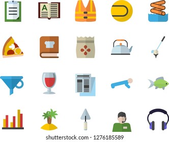 Color flat icon set trowel flat vector, teapot, cookbook, pizza, fish, wine, seeds, funnel, telephone operator, news, clipboard, statistic, tennis ball, push up, island fector, aquapark, golf, book
