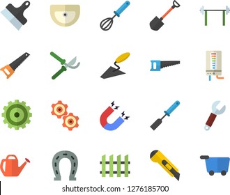 Color flat icon set trowel flat vector, saw, sink, putty knife, fence, stationery, boiler, kitchen spatula, whisk, horseshoe, shovel, secateurs, watering can, wrench, cogwheel, magnet, barbell