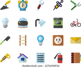 Color flat icon set trowel flat vector, shower, sockets, energy saving lamp, knives, electric stove, secateurs, ladder, house, trammel, wrench, syringe, notepad, astronaut helmet fector, bicycle