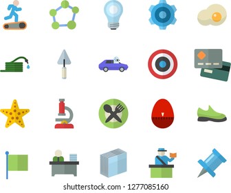 Color flat icon set trowel flat vector, cogwheel, kitchen egg timer, scrambled eggs, hose, autopilot, credit card, flag, sticker, office worker, molecule, microscope, bulb, sneakers, target