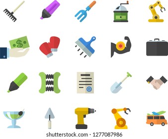 Color flat icon set trowel flat vector, drill screwdriver, putty knife, coffee grinder, pitchfork, shovel, rake, robotics, case, marker, investments, agreement, contract, industrial robot, muscles
