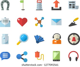 Color flat icon set trowel flat vector, grater, horseshoe, glass bottles, magnifier, target audience, molecules, telephone operator, medical warmer, document, mail, sports flag, flippers fector