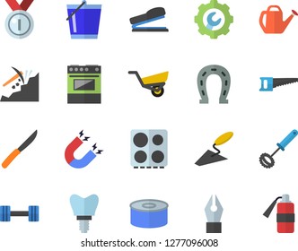 Color flat icon set trowel flat vector, repair, whisk, knives, electric stove, canned food, horseshoe, saw, watering can, bucketful, garden wheelbarrow, mining, implant, ink pen, stapler, magnet