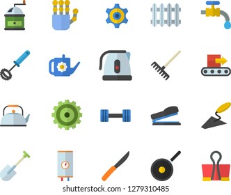 Color flat icon set trowel flat vector, boiler, teflon, teapot, electric kettle, whisk, knives, coffee grinder, shovel, rake, watering can, water tap, conveyor, radiator, cogwheel, stapler, dumbbell