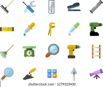 Color flat icon set trowel flat vector, tool, drill screwdriver, level meter, weighing machine, thermometer, rake, ladder, magnifier, calculator, pipette, stapler, telescope