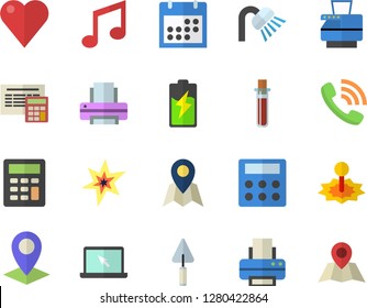 Color flat icon set trowel flat vector, shower, calculator, battery, laser, location, phone call, blood test, heart, calendar, printer, copy machine, laptop, spark, fector, note