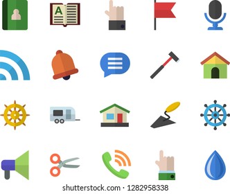 Color flat icon set trowel flat vector, ax, house, phone call, trailer fector, bell, scissors, broadcast, steering wheel, mouthpiece, microphone, chat, indicate, book, notebook, drop
