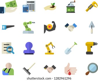 Color flat icon set trowel flat vector, drill screwdriver, calculator, coffee grinder, shovel, saw, seedlings, rake, trammel, investments, injury, magnifier, agreement, stamp, industrial robot