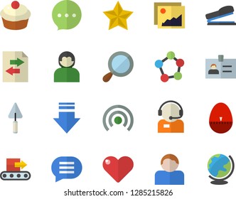 Color flat icon set trowel flat vector, kitchen egg timer, cupcake, conveyor, telephone operator, molecules, stapler, gallery, broadcast, download, file sharing, badge, magnifier, user, chat, heart