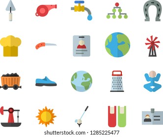 Color flat icon set trowel flat vector, cook hat, grater, windmill, horseshoe, knife, water tap, sun, oil pumping, mining, earth, book, classification, whistle, sneakers, yoga, fector, golf, badge