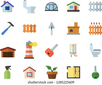 Color flat icon set trowel flat vector, toilet, house layout, heating batteries, hammer, boiler, home plant, pulverizer, greenhouse, fireplace, radiator, lighthouse, warehouse, key