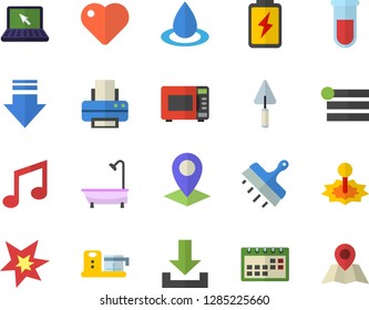 Color flat icon set trowel flat vector, shower, putty knife, microwave, food processor, battery, drop, laser, location, blood test, heart, calendar, printer, laptop, spark, menu, download, note