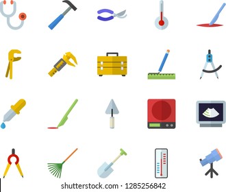 Color flat icon set trowel flat vector, tool, bag, measure, hammer, weighing machine, temperature, thermometer, shovel, secateurs, rake, trammel, dividers, pipette, stethoscope, ultrasound, scalpel