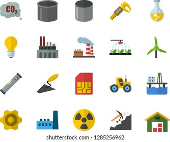 Color flat icon set trowel flat vector, cogwheel, level meter, tractor, sprinkling machine, oil production platform, trammel, windmill, chemistry, factory, lamp, manufactory, plant, radiation, pipe