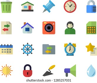 Color flat icon set trowel flat vector, house, sun, SIM card, file sharing, calendar, drawing pin, steering wheel, mouthpiece, trash can, user, clock, lock, alarm, favorites, camera, drop
