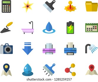 Color flat icon set trowel flat vector, shower, putty knife, battery, drop, laser, calendar, computer file, printer, spark, calculator, camera fector, location, share, download