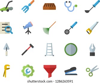 Color flat icon set trowel flat vector, tool, saw, repair, brick, ax, ladle, kitchen spoon, sieve, pitchfork, rake, ladder, lawn mower, funnel, stethoscope, magnifier, ink pen, stapler, telescope