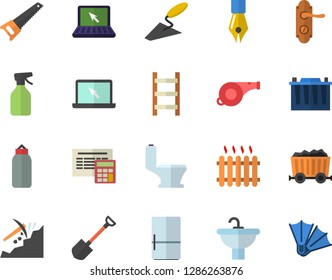 Color flat icon set trowel flat vector, saw, sink, toilet, door lock, calculator, fridge, pulverizer, shovel, ladder, accumulator, mining, radiator, ink pen, laptop, whistle, sports pear