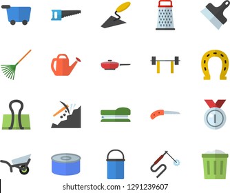 Color flat icon set trowel flat vector, putty knife, frying pan, hiking pot, grater, canned food, horseshoe, saw, rake, watering can, garden wheelbarrow, welding, mining, stapler, barbell, medal