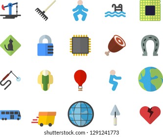 Color flat icon set trowel flat vector, ham, horseshoe, rake, oil pumping, welding, earth, express delivery, cpu, gymnastics, squats, pool, lose weight, bus fector, balloon, pets allowed, lock