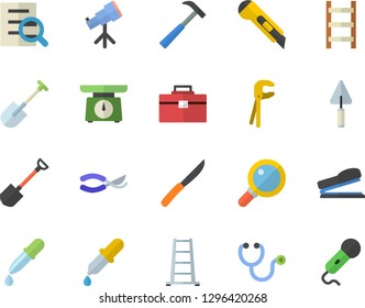 Color flat icon set trowel flat vector, tool, bag, stationery knife, hammer, weighing machine, knives, shovel, secateurs, ladder, pipette, stethoscope, magnifier, stapler, telescope, microphone