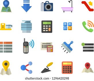 Color flat icon set trowel flat vector, shower, calculator, putty knife, food processor, location, phone call, copy machine, escalator fector, camera, share, menu, download