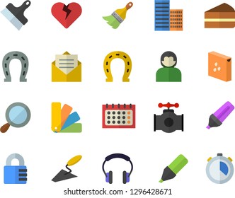 Color flat icon set trowel flat vector, paint brush, color scheme, skyscraper, putty knife, groats, piece of cake, horseshoe, main pipeline, marker, calendar, magnifier, message, user, lock, heart
