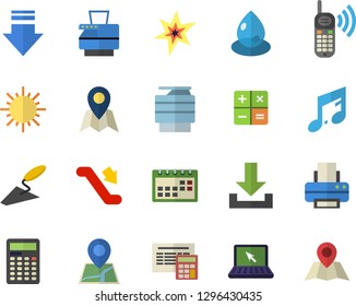 Color flat icon set trowel flat vector, calculator, sun, drop, phone call, calendar, printer, copy machine, laptop, spark, escalator fector, location, download, note