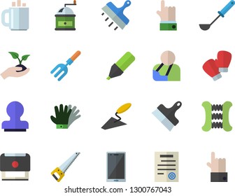 Color flat icon set trowel flat vector, saw, putty knife, ladle, coffee grinder, pitchfork, seedlings, gloves, marker, injury, contract, stamp, carpal expander, boxing, mobile, indicate