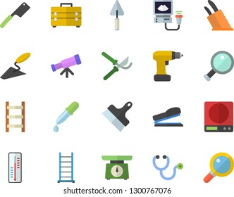 Color flat icon set trowel flat vector, drill screwdriver, tool bag, ladder, putty knife, weighing machine, knives, thermometer, secateurs, pipette, stethoscope, ultrasound, stapler, magnifier