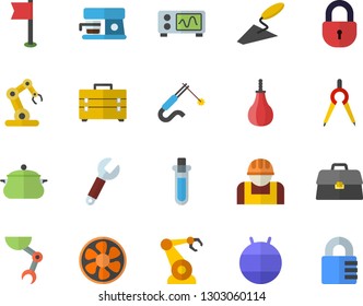 Color flat icon set trowel flat vector, tool bag, saucepan, coffee machine, ventilation, construction worker, welding, robotics, dividers, wrench, briefcase, robot hand, oscilloscope, beakers, flag
