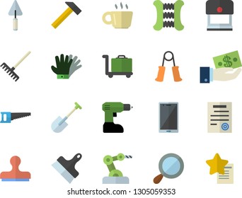 Color flat icon set trowel flat vector, drill screwdriver, putty knife, hammer, shovel, saw, rake, gloves, investments, coffee, contract, industrial robot, carpal expander, luggage trolley fector