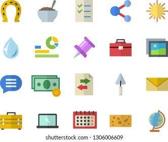 Color flat icon set trowel flat vector, tool bag, cheese, porridge, horseshoe, sun, cash, statistics, calendar, drawing pin, to do list, laptop, share, gallery, file sharing, envelope, chat, drop