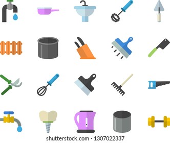 Color flat icon set trowel flat vector, sink, putty knife, heating batteries, saute, electric kettle, whisk, knives, saw, secateurs, rake, water tap, pipe production, implant, dumbbell