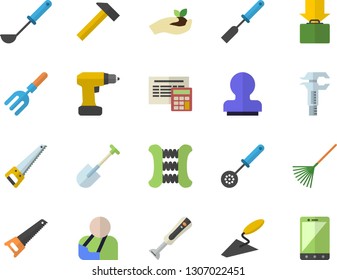 Color flat icon set trowel flat vector, drill screwdriver, saw, calculator, hammer, ladle, kitchen spatula, spoon, blender, pitchfork, shovel, seedlings, rake, trammel, injury, stamp, mobile