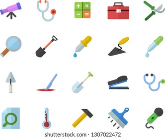 Color flat icon set trowel flat vector, tool bag, putty knife, hammer, thermometer, shovel, secateurs, calculator, pipette, stethoscope, scalpel, magnifier, stapler, telescope, microphone