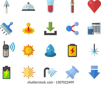 Color flat icon set trowel flat vector, shower, calculator, putty knife, sun, battery, drop, laser, phone call, blood test, heart, pushpin, jingle fector, share, download