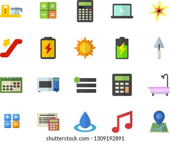 Color flat icon set trowel flat vector, shower, calculator, microwave, food processor, sun, battery, drop, calendar, laptop, spark, escalator vector, menu, note, location