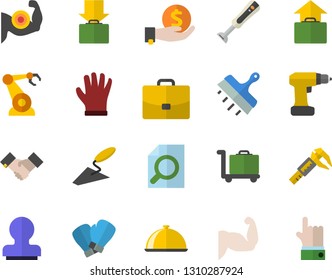Color flat icon set trowel flat vector, drill screwdriver, putty knife, blender, dish, gloves, trammel, robotics, case, investments, magnifier, agreement, stamp, muscles, boxing, get luggage fector