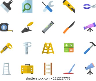 Color flat icon set trowel flat vector, tool, tape measure, bag, ladder, level meter, putty knife, stationery, hammer, knives, secateurs, trammel, calculator, scalpel, magnifier, telescope